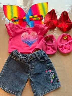 Build a bear Rainbow Bow & Pink Heart Doll Outfit with Embroidered Denim Shorts